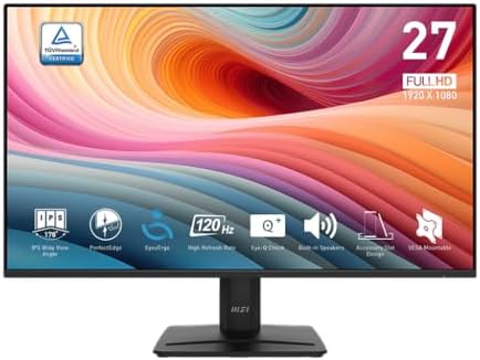 msi PRO MP275 E2 27 inch IPS 1920 x 1080  FHD  Gaming Office Monitor  120Hz  Free Synch  HDMI  DisplayPort  VGA Port  VESA Mountable  Tilt  Speaker  4 Side Slim Bezel 1ms  Black