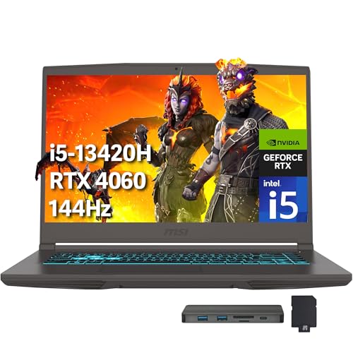MSI Portátil para juegos Thin 15 FHD 144Hz de 15.6 pulgadas, Intel i5-13420H, 16 GB de RAM, SSD PCIe de 512 GB, NVIDIA GeForce RTX 4060, teclado retroiluminado, cámara web, Win 11 Pro, gris, juego de