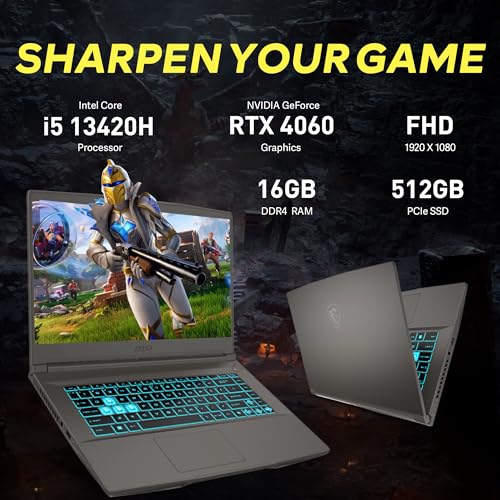 MSI Portátil para juegos Thin 15 FHD 144Hz de 15.6 pulgadas, Intel i5-13420H, 16 GB de RAM, SSD PCIe de 512 GB, NVIDIA GeForce RTX 4060, teclado retroiluminado, cámara web, Win 11 Pro, gris, juego de