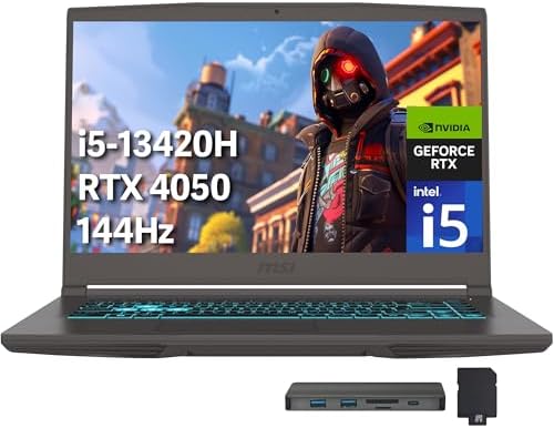 msi Thin 15 15 6 FHD 144Hz Gaming Laptop  Intel i5 13420H  NVIDIA GeForce RTX 4050  16GB DDR4 RAM  512GB PCIe SSD  Backlit Keyboard  Wi Fi 6E  HD Camera  Windows 11  Gray  256GB Docking Station Set