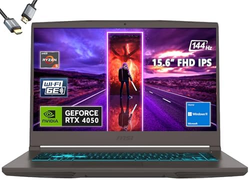 MSI Thin A15 portátil para videojuegos de 15.6” 144Hz FHD: Ryzen 5-7535HS, NVIDIA GeForce RTX 2050, 8GB DDR5, 512GB NVMe SSD, Cooler Boost 5, Win 11: Negro B7UCX-218US