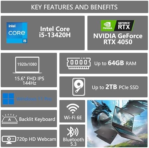 msi Thin Gaming Laptop  15 6 FHD 144Hz  Intel i5 13420H  RTX 3050  16GB RAM  512GB NVMe SSD  Windows 11 Home