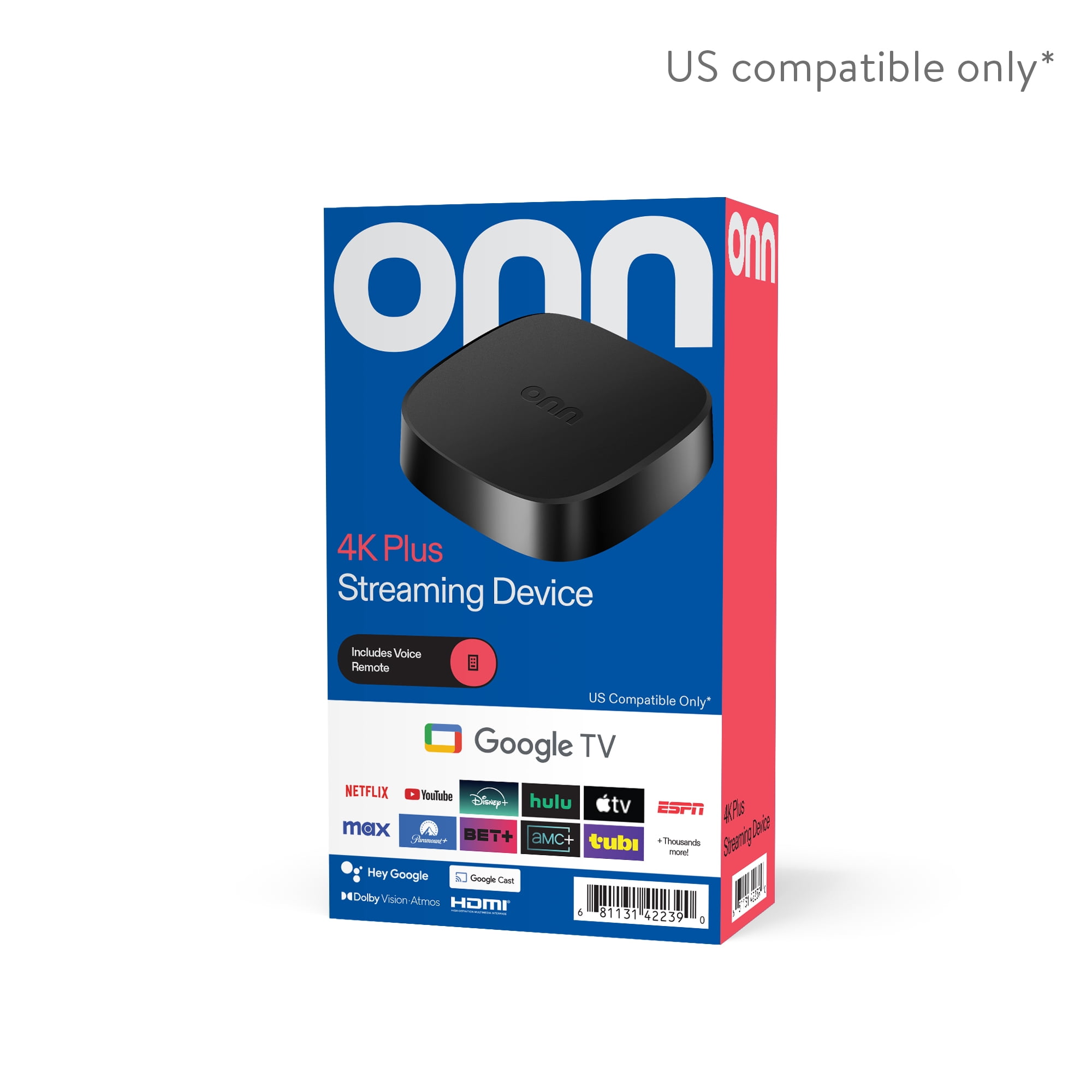 onn 4K Plus Streaming Device  Google TV   Ultra fast Streaming  Stunning 4K UHD  16GB Storage  2GB RAM  Dolby Vision & Atmos  Remote with Voice Control