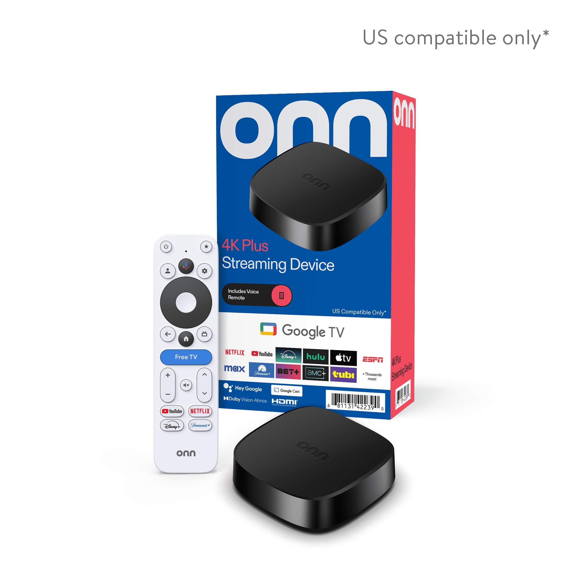 onn 4K Plus Streaming Device  Google TV   Ultra fast Streaming  Stunning 4K UHD  16GB Storage  2GB RAM  Dolby Vision & Atmos  Remote with Voice Control