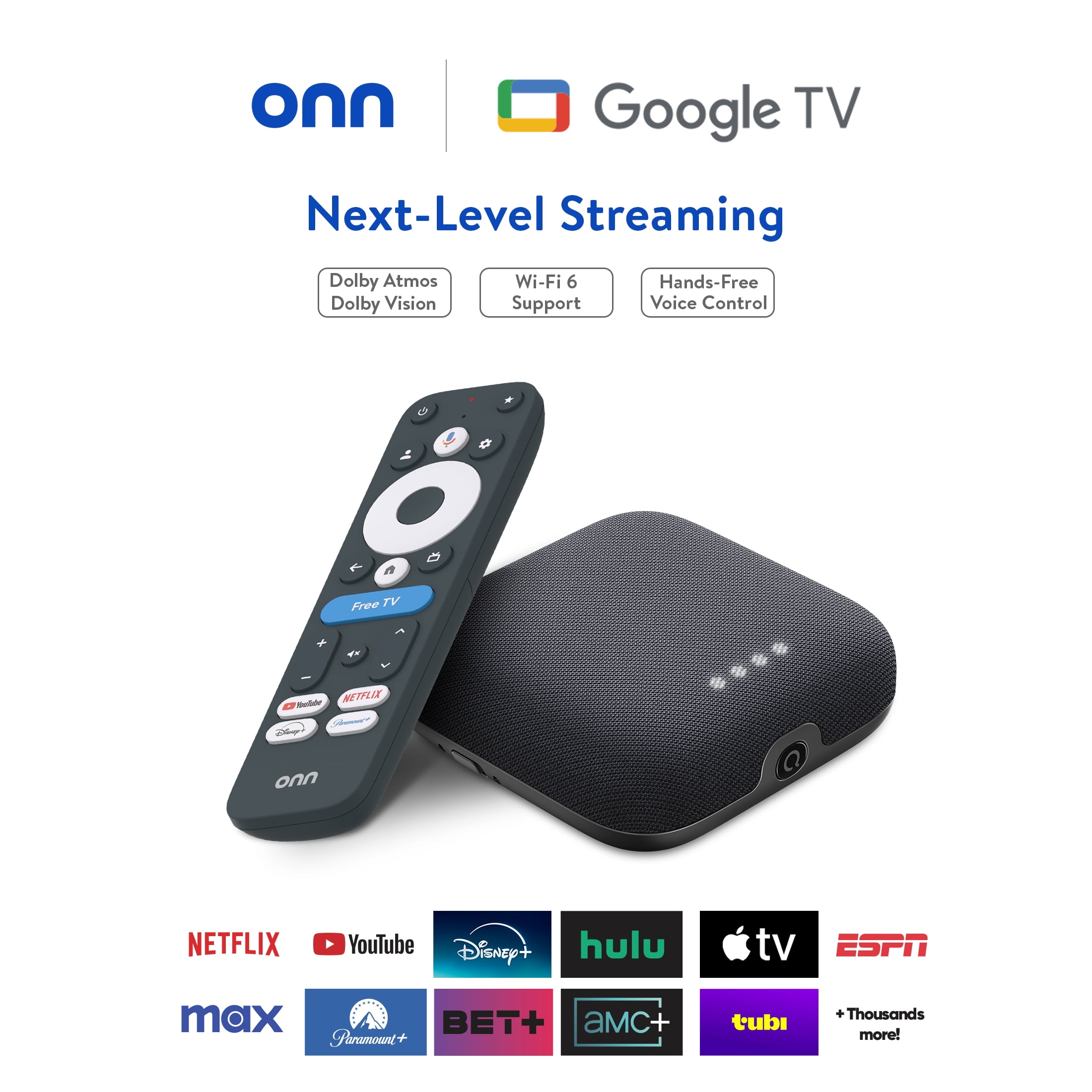 onn Dispositivo de Transmisión 4K Pro, Google TV: Transmisión Ultrarrápida, Impresionante 4K UHD, Almacenamiento de 32 GB, RAM de 3 GB, Dolby Vision & Atmos, Encuentra Mi Control Remoto con Retroiluminación, Puerto Ethernet