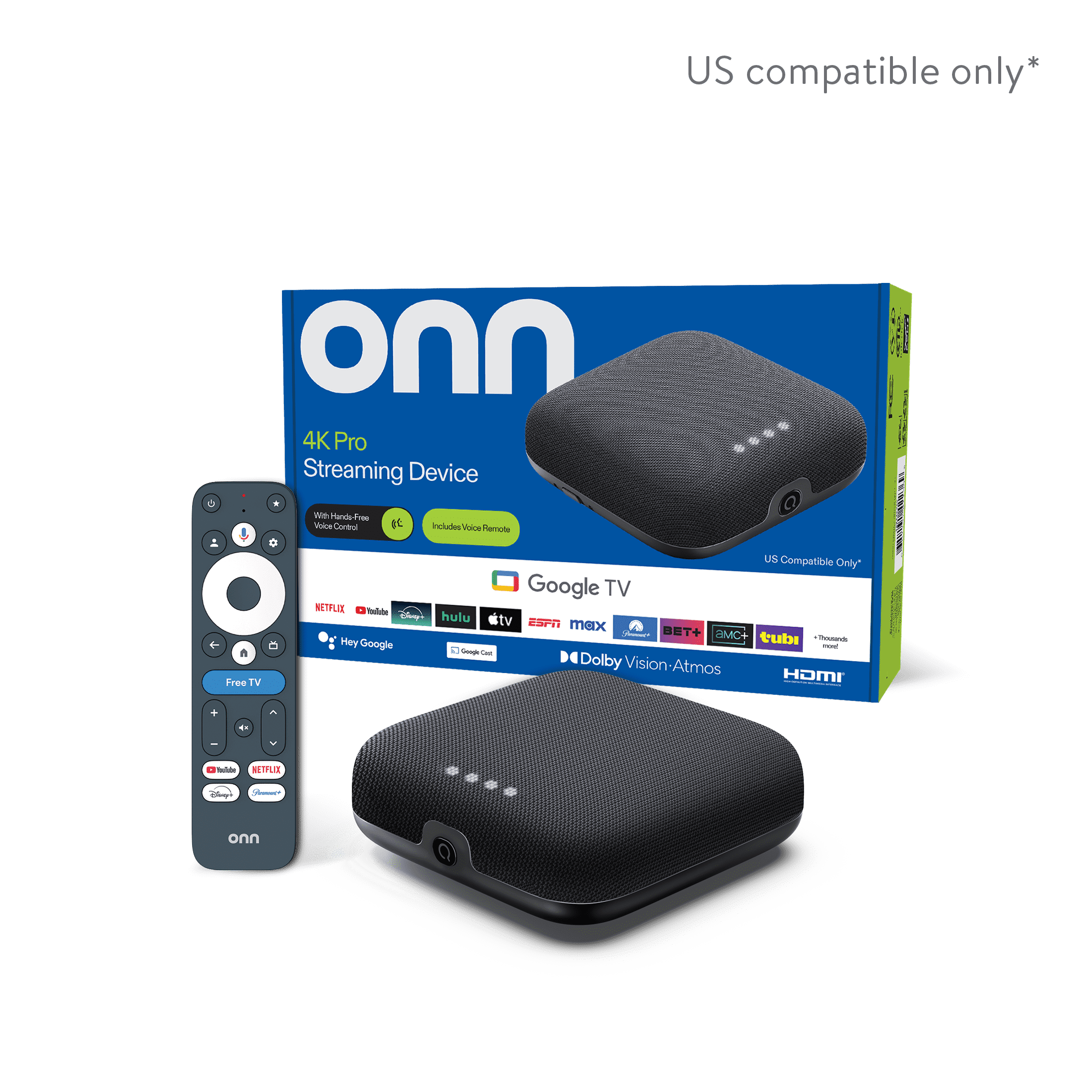onn 4K Pro Streaming Device  Google TV with Gemini    Ultra fast Streaming  Stunning 4K UHD  32GB Storage  3GB RAM  Dolby Vision & Atmos  Find My Remote with Backlight  Ethernet Port