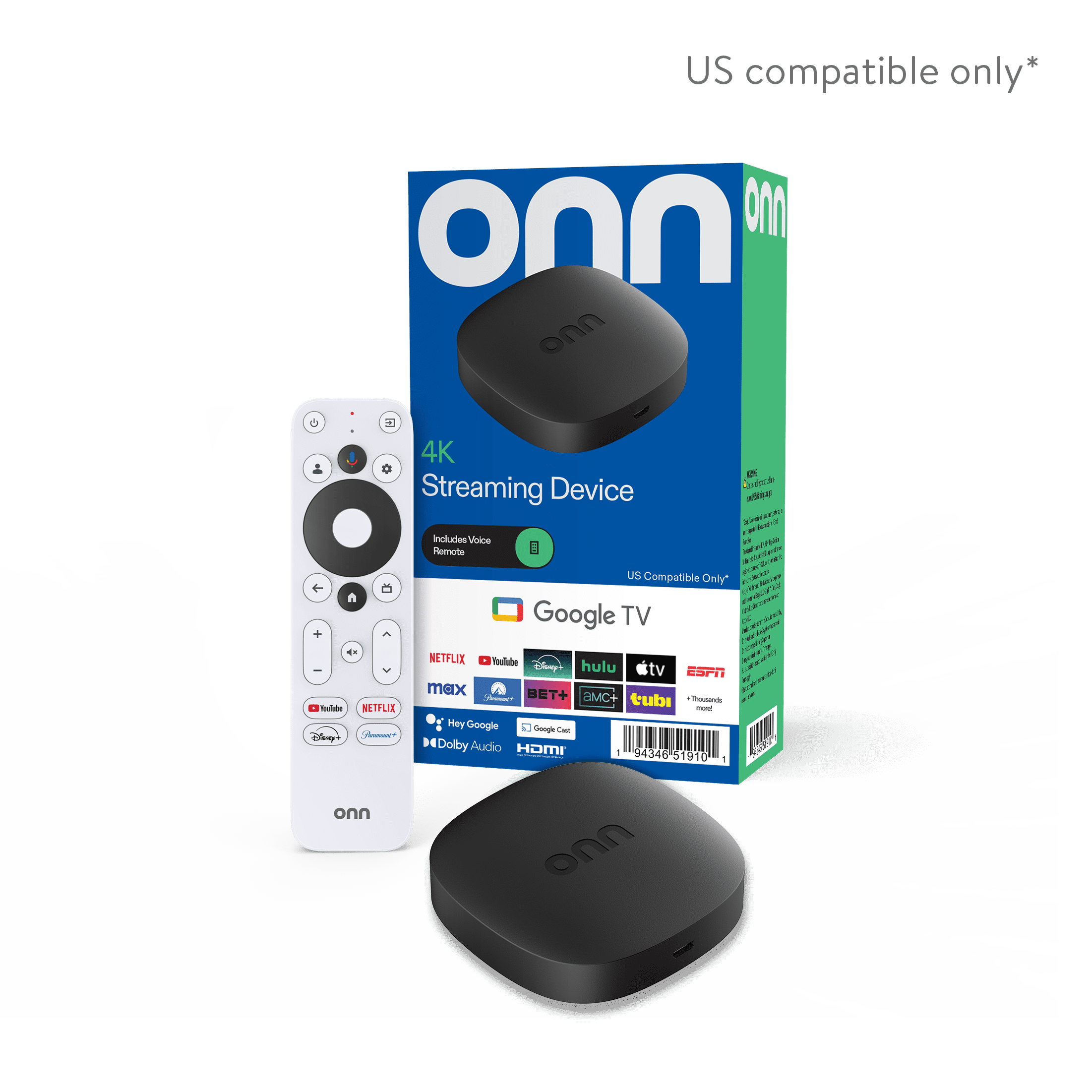 onn Dispositivo de Transmisión 4K, Google TV: Transmisión Rápida, Ultra HD, Almacenamiento de 8 GB, RAM de 2 GB, Control Remoto con Control por Voz