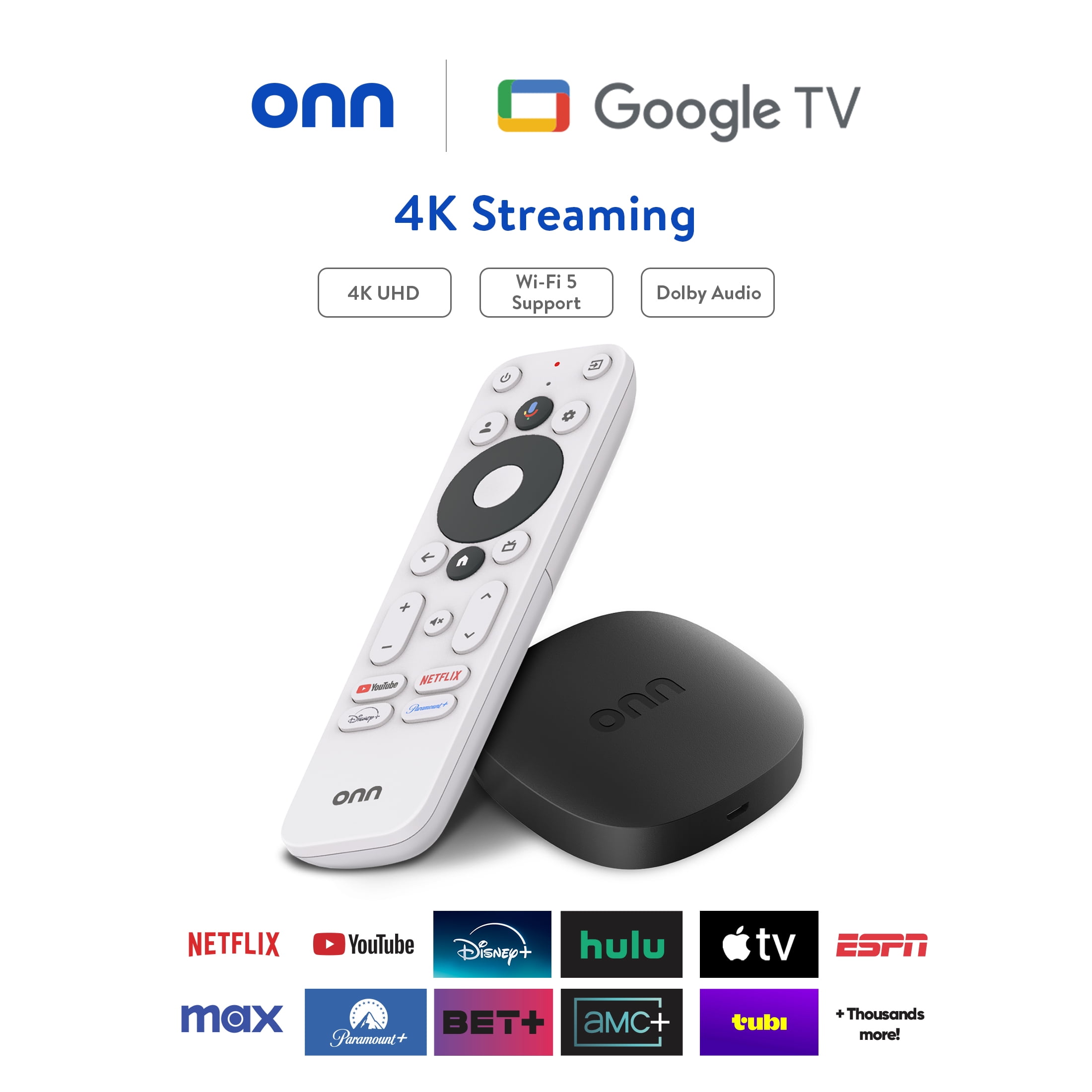 onn 4K Streaming Device  Google TV   Fast Streaming  Ultra HD  8GB Storage  2GB RAM  Remote with Voice Control