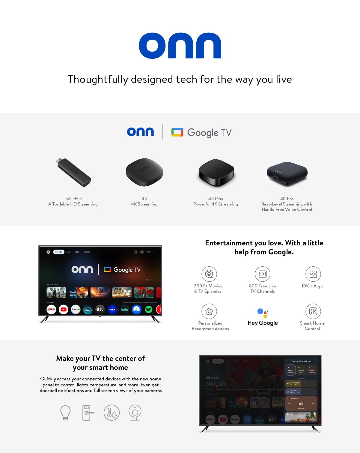 onn 4K Streaming Device  Google TV   Fast Streaming  Ultra HD  8GB Storage  2GB RAM  Remote with Voice Control