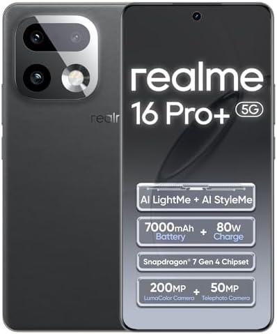 realme 16 Pro  5G Smartphone 12 512GB Grey 144Hz AMOLED Display 7000mAh Battery 80W SuperVOOC  50 200MP Camera  Qualcomm Snapdragon 7 Gen 4 Rocket LPDDR5X  IP69