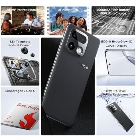 realme 16 Pro  5G Smartphone 12 512GB Grey 144Hz AMOLED Display 7000mAh Battery 80W SuperVOOC  50 200MP Camera  Qualcomm Snapdragon 7 Gen 4 Rocket LPDDR5X  IP69