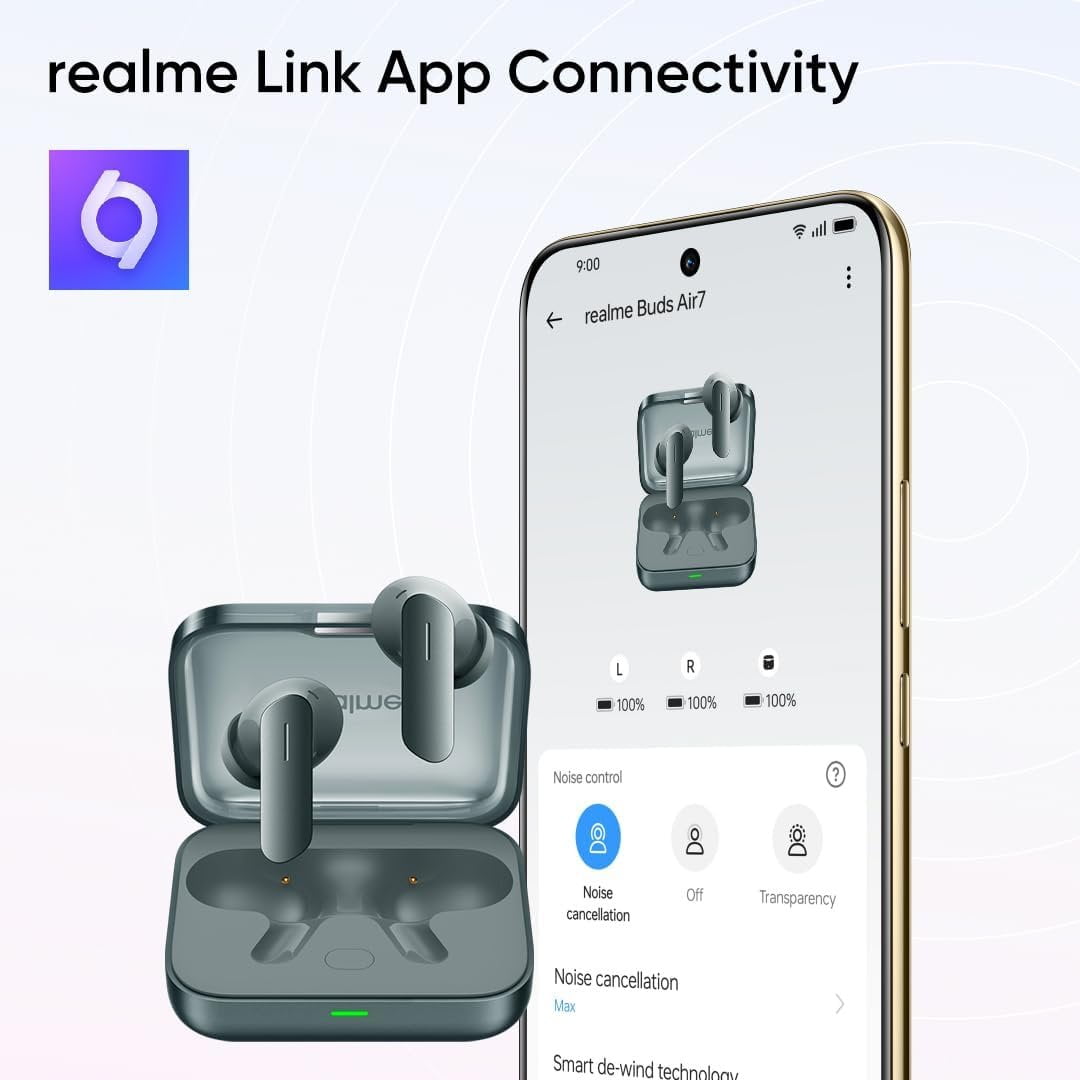 realme Buds Air 7  12 4mm Dynamic Bass Drivers  52Hrs Playtime  52dB Hybrid ANC  6 Mic ENC  45ms Low Latency  360 Spatial Audio  Hi Res LHDC  IP55 Dust & Water Resistant  BT v5 4   Green
