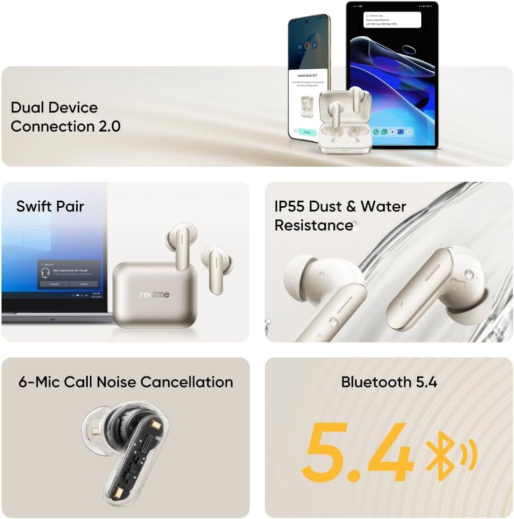 realme Buds Air 7  12 4mm Dynamic Bass Drivers  52Hrs Playtime  52dB Hybrid ANC  6 Mic ENC  45ms Low Latency  360 Spatial Audio  Hi Res LHDC  IP55 Dust & Water Resistant  BT v5 4   Green