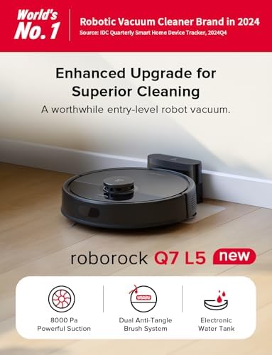 roborock Q7 L5 Robot Vacuum and Mop Combo  8 000Pa Suction  Upgraded from Q5 Pro  Dual Anti Tangle System  LiDAR Navigation  Multi Level Mapping  Self Charging Robotic Vacuum Cleaner  Black