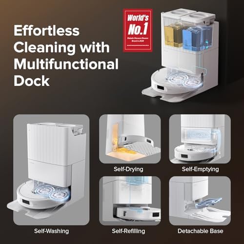 roborock Qrevo Series Robot Vacuum and Mop  8000Pa Suction  Upgraded from Qrevo S  Anti Tangle Brush  Smart Obstacle Avoidance  Auto Mop Washing  All in One Dock  200RPM Spinning Mops  White QV 35A 