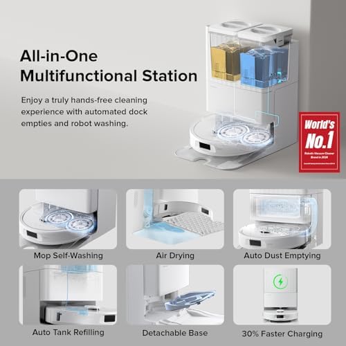 roborock Qrevo Series Robot Vacuum and Mop  8000Pa Suction  Upgraded from Qrevo S  Anti Tangle Brush  Smart Obstacle Avoidance  Auto Mop Washing  All in One Dock  200RPM Spinning Mops  White QV 35A 