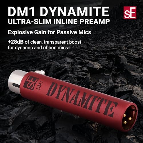 sE Electronics DM1 Dynamite Ultra Slim Inline Microphone Preamp for Ribbon & Dynamic Microphones   Mic Preamp with  28dB Gain for Clean  Natural Sound   Ideal for Podcasting & Live Sound  Red 