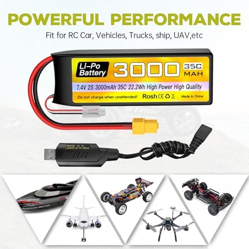 sea jump 2S Lipo Battery 7 4V 3000mAh 35C with XT60 Plug and USB Charging Cable Suitable for RC Car Truck Boat  RC Quadcopter Aircraft  FPV Drone Battery