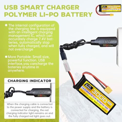 sea jump 2S Lipo Battery 7 4V 3000mAh 35C with XT60 Plug and USB Charging Cable Suitable for RC Car Truck Boat  RC Quadcopter Aircraft  FPV Drone Battery