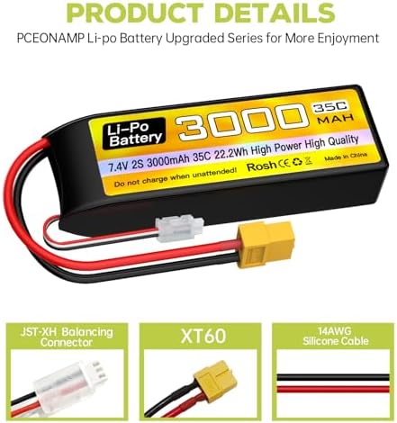 sea jump 2S Lipo Battery 7 4V 3000mAh 35C with XT60 Plug and USB Charging Cable Suitable for RC Car Truck Boat  RC Quadcopter Aircraft  FPV Drone Battery