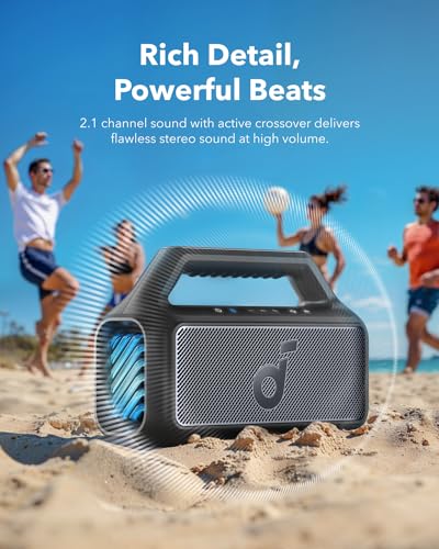soundcore Boom 2 By Anker  Outdoor Speaker  80W  Subwoofer  BassUp 2 0  24H Playtime  IPX7 Waterproof  Floatable  RGB Lights  USB C  Custom EQ  Bluetooth 5 3  Portable for Camping  Beach  and Backyard