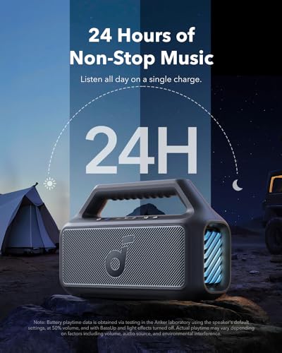 soundcore Boom 2 By Anker  Outdoor Speaker  80W  Subwoofer  BassUp 2 0  24H Playtime  IPX7 Waterproof  Floatable  RGB Lights  USB C  Custom EQ  Bluetooth 5 3  Portable for Camping  Beach  and Backyard